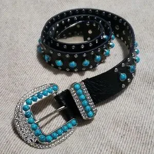 Christine Alexander leather Belt with swarovski  crystal  and Turquoise Size XL VTG CHRISTINE ALEXANDER TURQUOISE W/RHINESTONES Black  main image 3